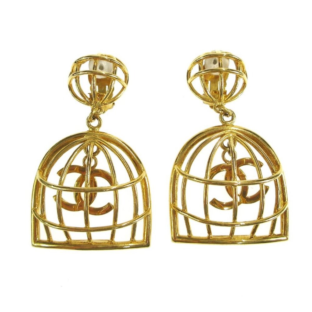 Chanel Birdcage Dangle Earrings Clip-On Gold 93P 64503 - Picture 5 of 8